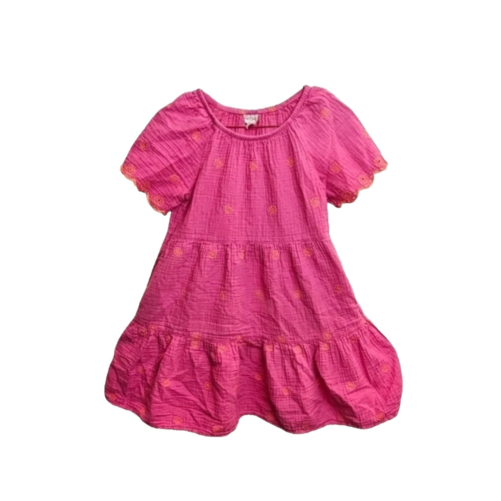 Cat & Jack Girls Pink Embroidered Dress Size 8, Boho Tiered Cotton w/pockets